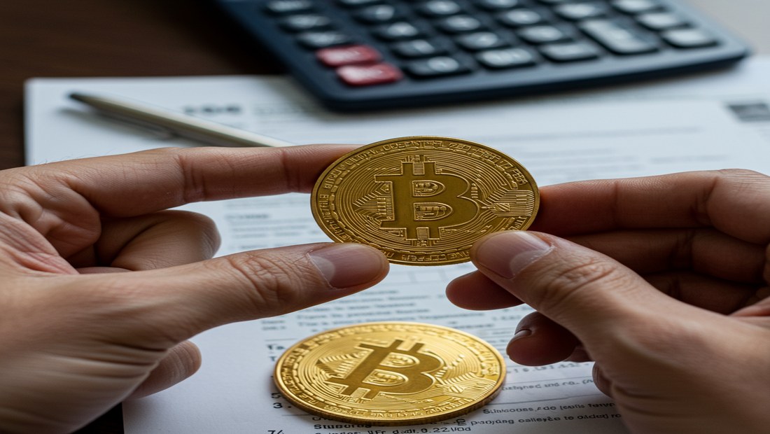 A hand holding a Bitcoin coin with tax forms and a calculator in the background, symbolizing cryptocurrency tax reportin