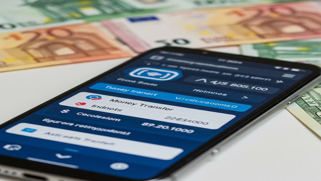 Smartphone screen showing a money transfer app, with blurred international currency in the background.