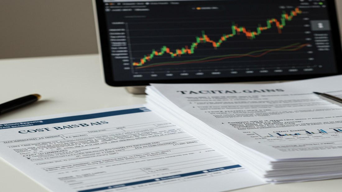 Two stacks of financial documents, 'Cost Basis' and 'Capital Gains', with crypto charts, representing tax reporting opti