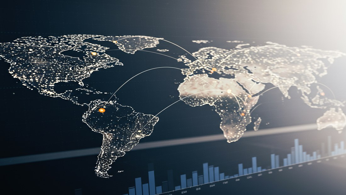 Digital lines connecting cities on a world map, symbolizing global money transfers and financial connectivity.