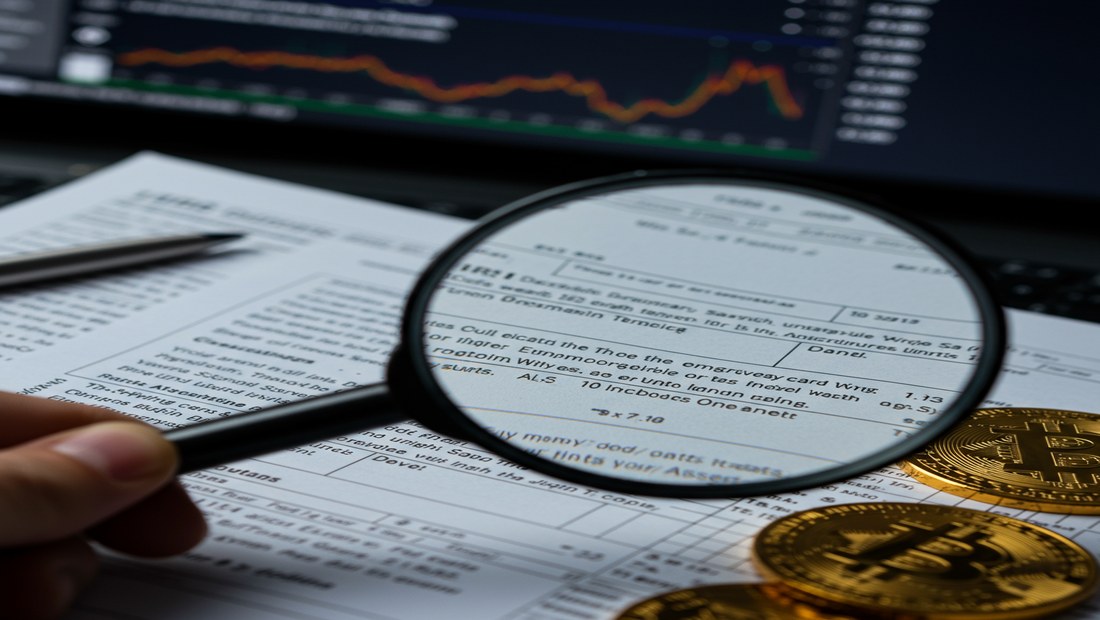 A magnifying glass over an IRS digital asset tax form, with a crypto transaction screen in the background.
