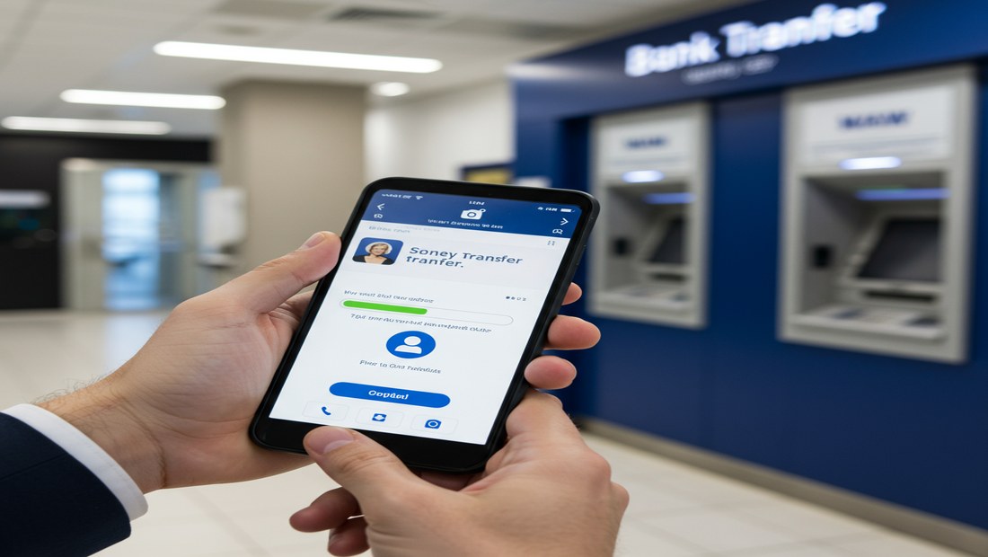 Hands holding a smartphone displaying a money transfer app's progress bar, in a modern financial setting.