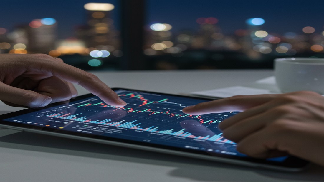Hands pointing at a tablet displaying interest rate charts, with a city skyline background.
