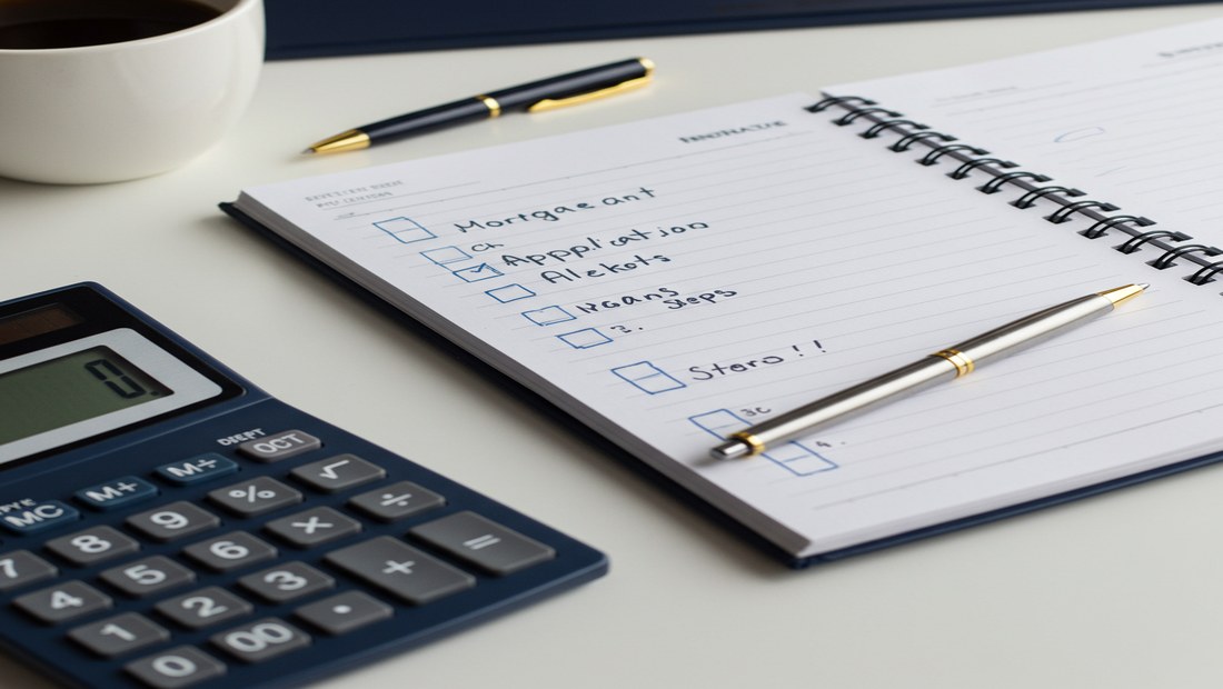 Notebook with mortgage application checklist, calculator, and pen on a desk.