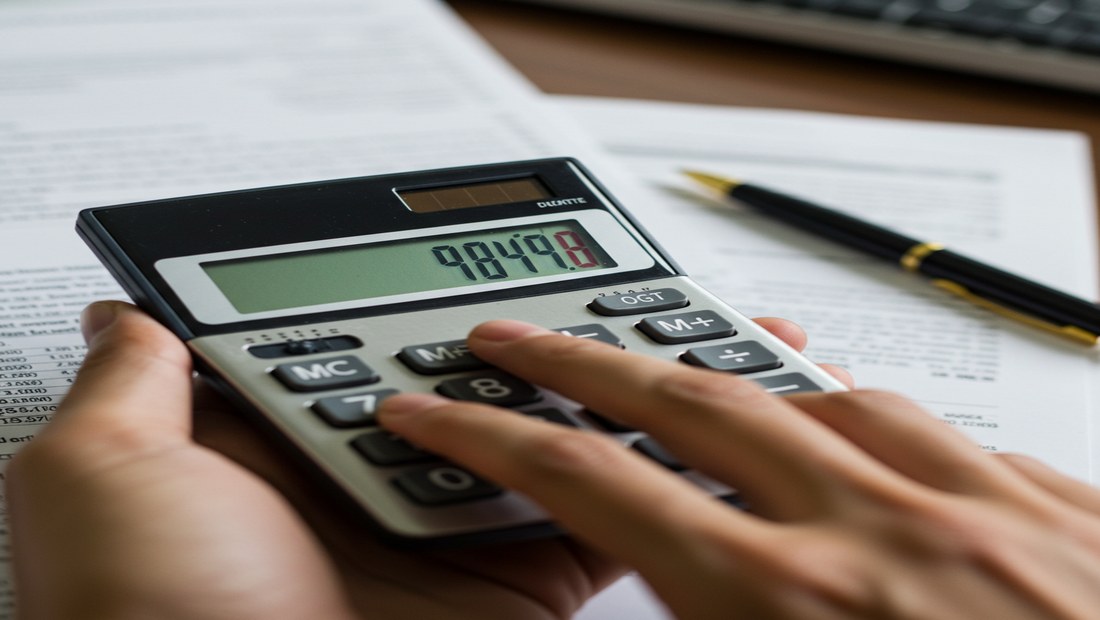 Hand holding a calculator displaying a positive financial figure, symbolizing a successful tax outcome.